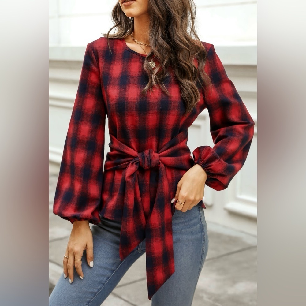 Cupshe Red Helah Belted Buffalo Plaid Top Womens NWT